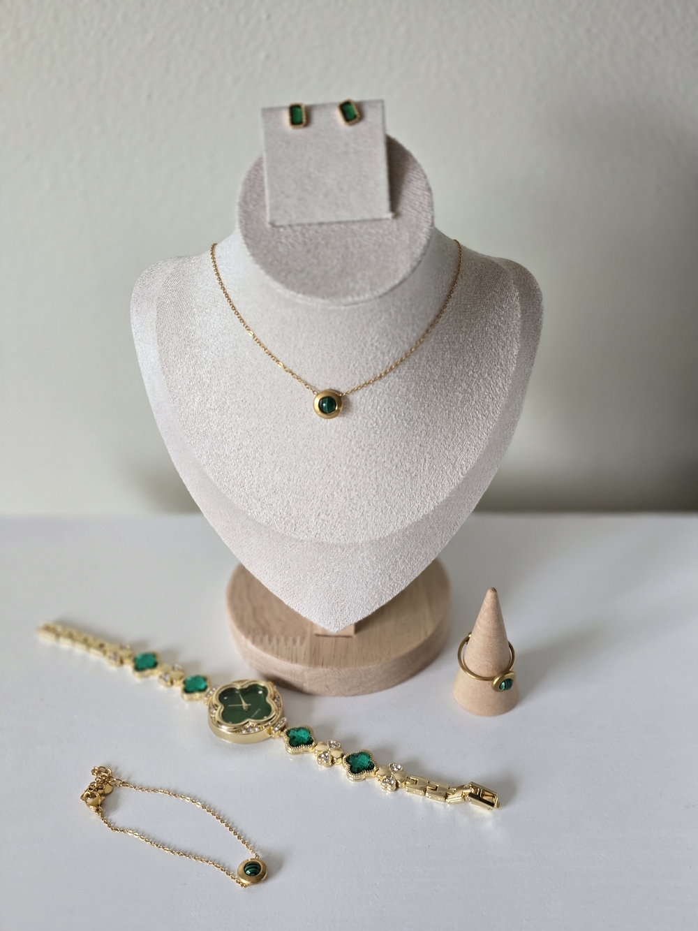 Gold Plated Necklace and Earring Set with Emerald Green Stones